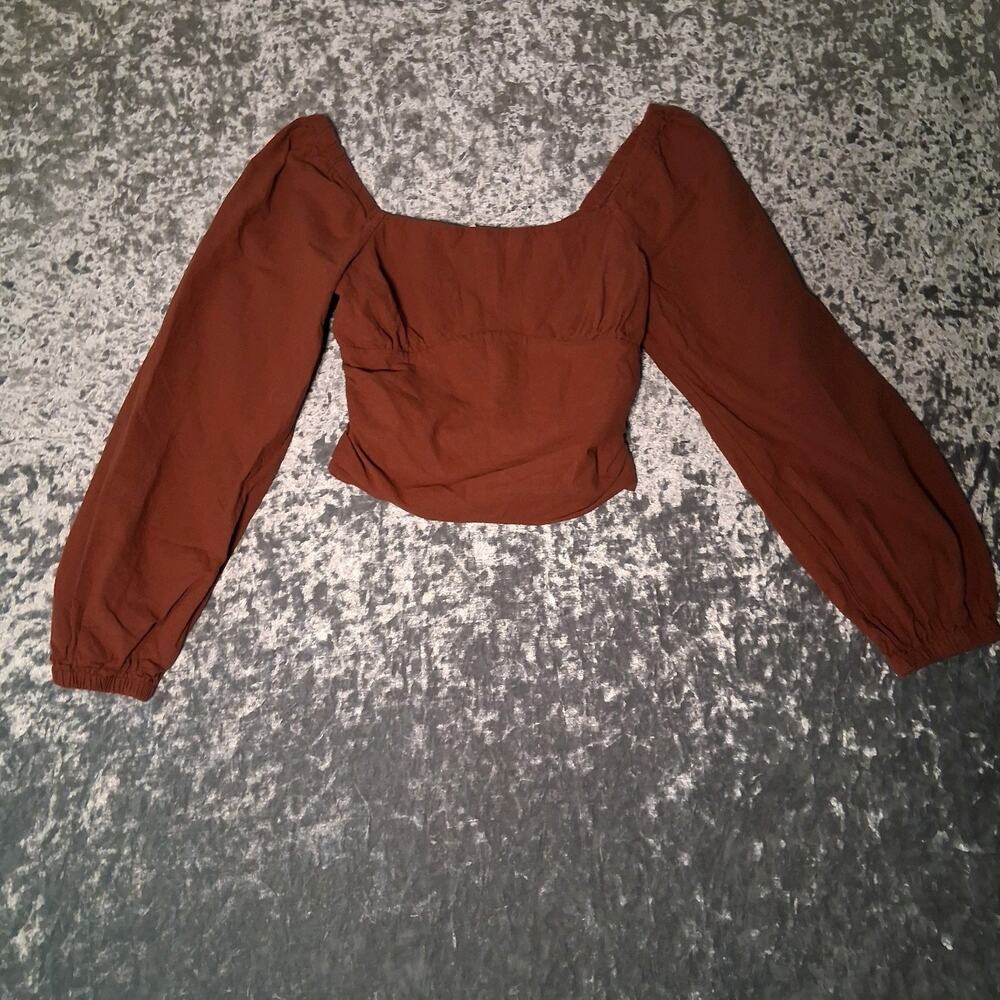 Kirious Los Angeles Women's Brown Smocked Square Neck Puff Sleeve Crop Top M